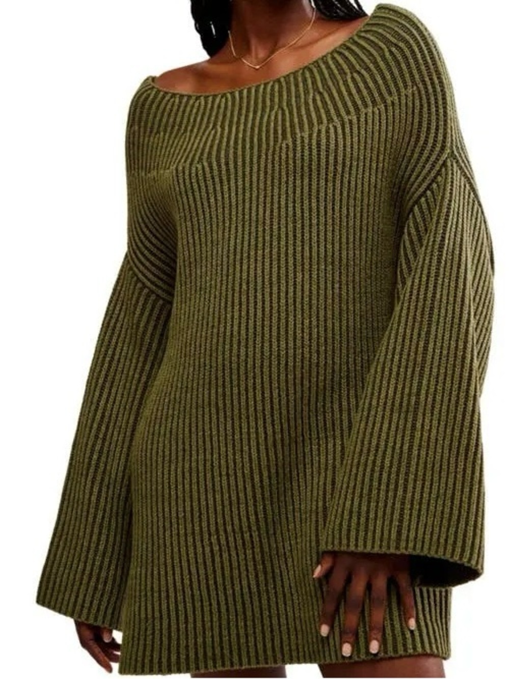 Free People Charlotte Tunic Boat Neck Sweater Slouchy Oversized Green Sz XS